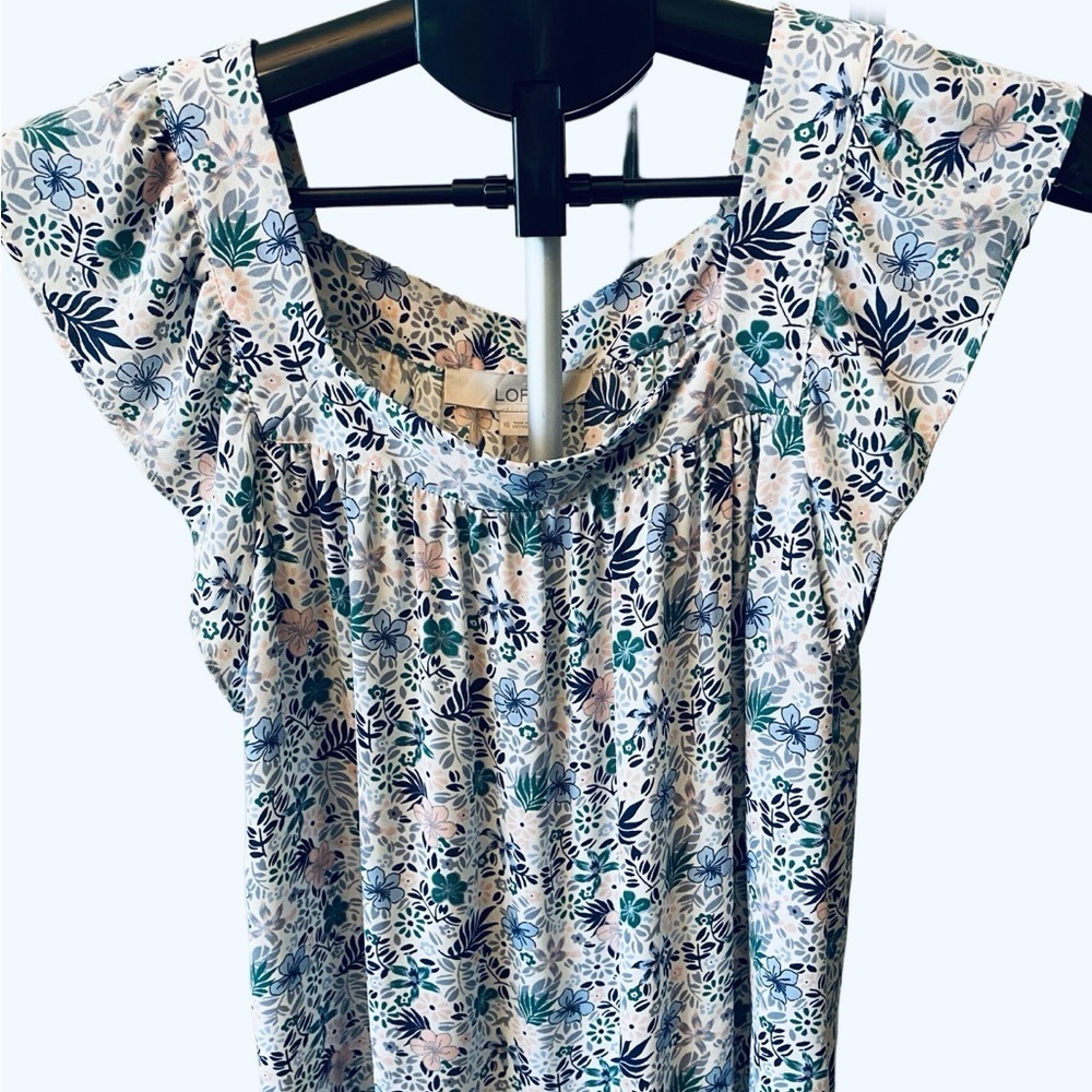 LOFT White and Blue Smocked Cap Sleeve Blouse